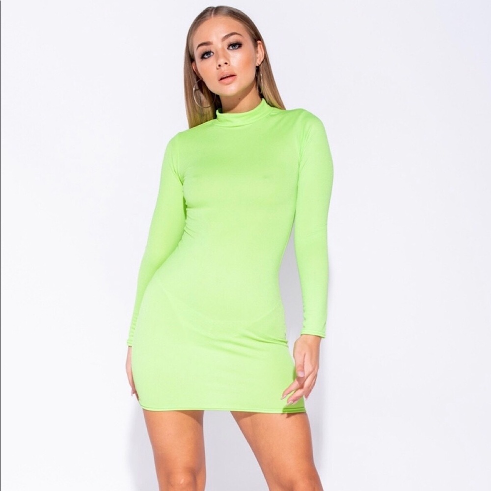 Neon Green Parisian Fashion Mock Neck Mini Dress